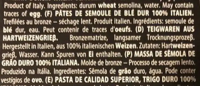Conchiglioni ingredients label