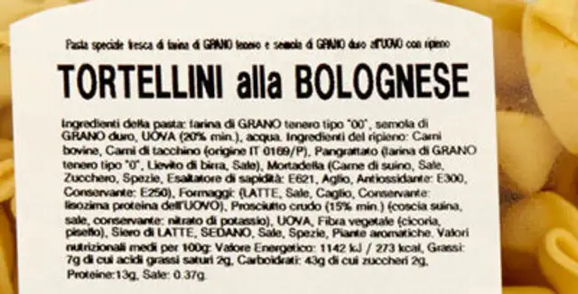 Tortellini alla bolognese ingredients label