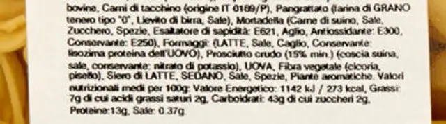 Tortellini alla bolognese nutrition facts table