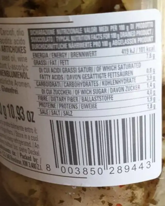 Carciofi nutrition facts table