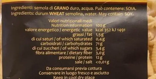 Malloreddus nutrition facts table