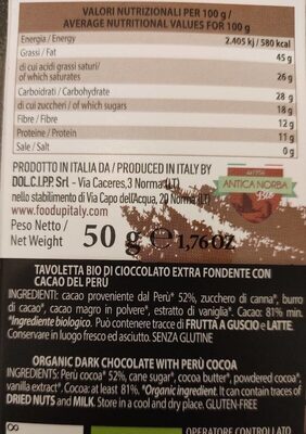 Cioccolato extra fondente 81% Peru nutrition facts table