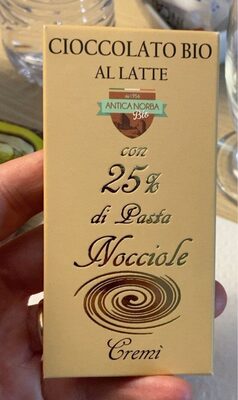 Cioccolato Bio Al Latte con 25% di pasta nocciole front packaging