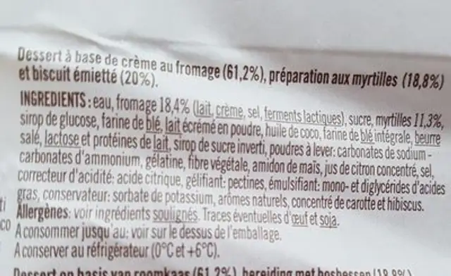 Cheesecake mirtilli ingredients label