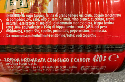 Trippa al sugo con carote ingredients label