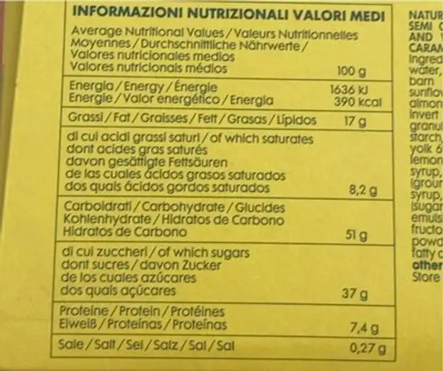 La colomba perla del sud nutrition facts table