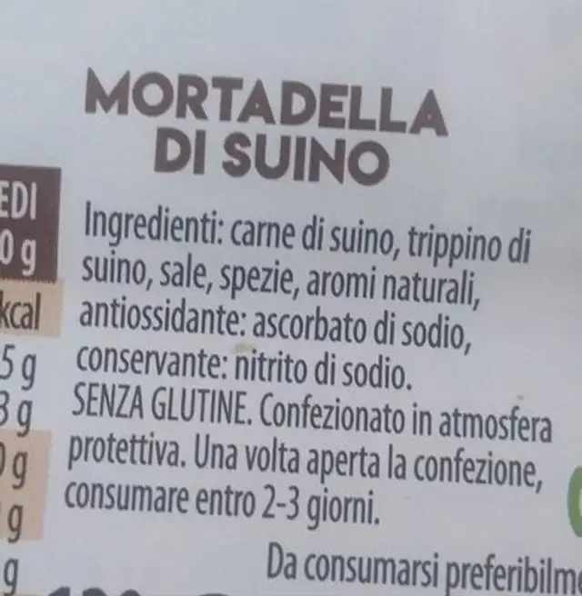 Mortadella di suino ingredients label