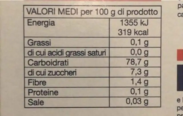 Fecola Di Patate nutrition facts table