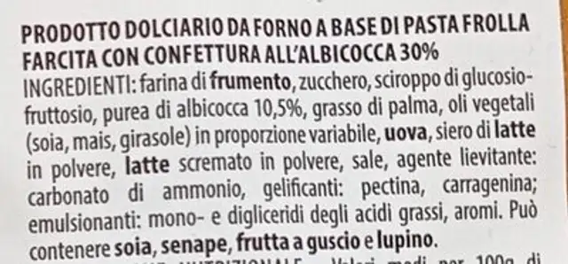 Occhie di Bue ingredients label