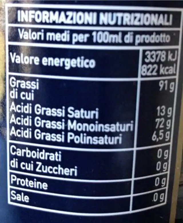 Olio extra vergine di oliva nutrition facts table