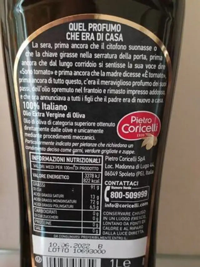 Olio 100%Italiano nutrition facts table