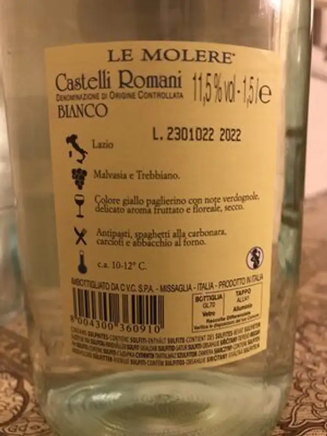 Castello romani vino bianco ingredients label
