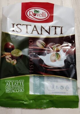 Cioccolato al latte con ripieno di cereali e crema pistacchio front packaging