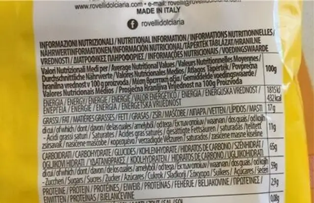 Boeri al Limone nutrition facts table