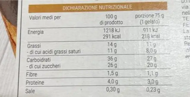 Cono panna e cioccolato nutrition facts table