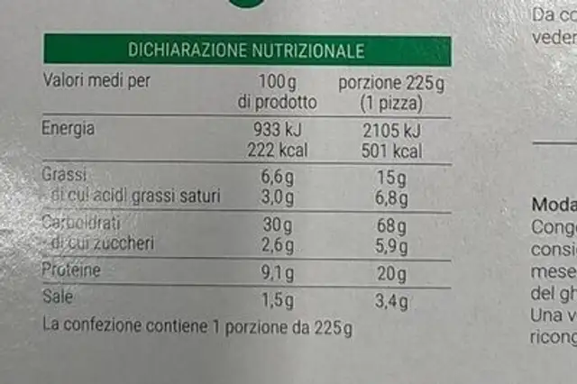Pizza del fornaio nutrition facts table