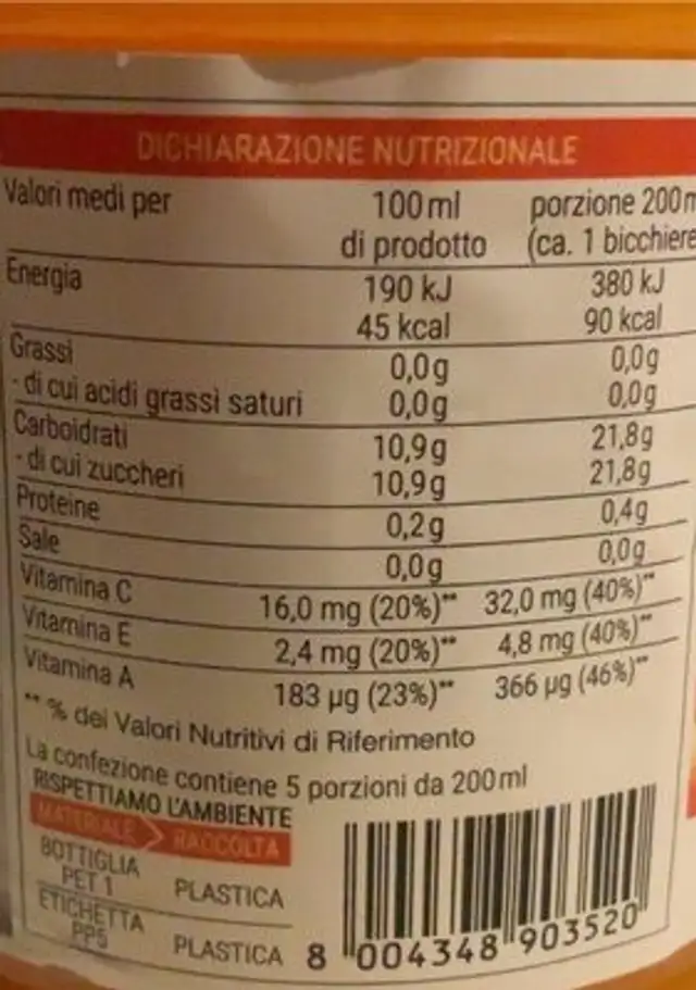 BEVANDA ace nutrition facts table