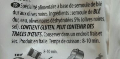 Pates de semoule de grain dure aux olives noires ingredients label