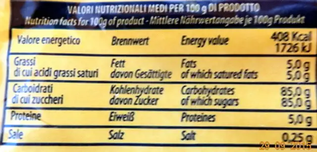 Mou Toffee nutrition facts table