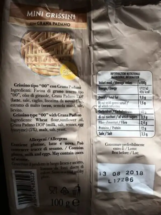 Mini grissini ingredients label