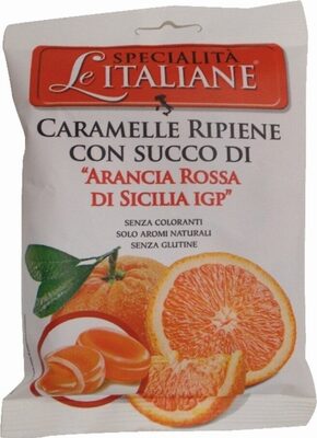 Caramelle ripiene con succo di arancia rossa di sicilia IGP front packaging