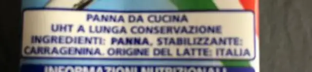Panna da cucina ingredients label