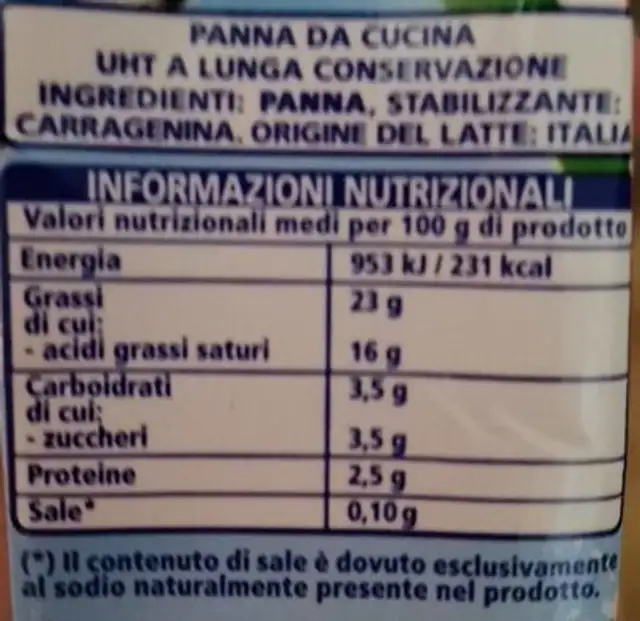 Panna da cucina nutrition facts table