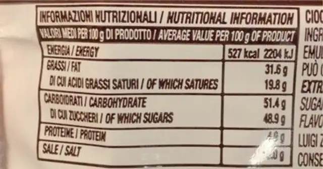 Cioccolato Fondente Extra nutrition facts table