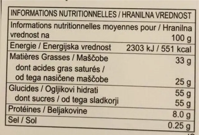Mini creamy nutrition facts table