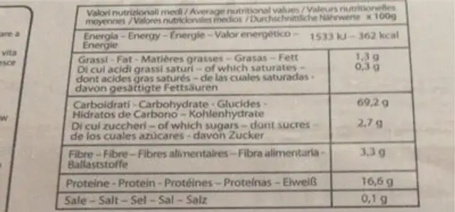 Tagliolini di semola di grano duro e albume d’uovo nutrition facts table