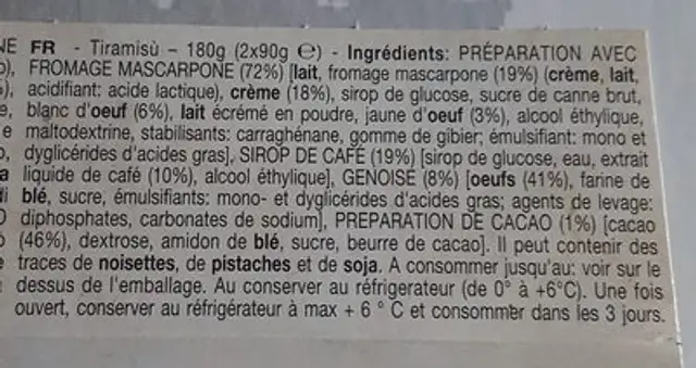 Tiramisu ingredients label