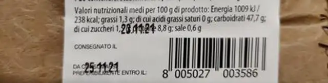 Pane Integrale affettato nutrition facts table