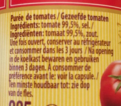 Purée de tomates ingredients label