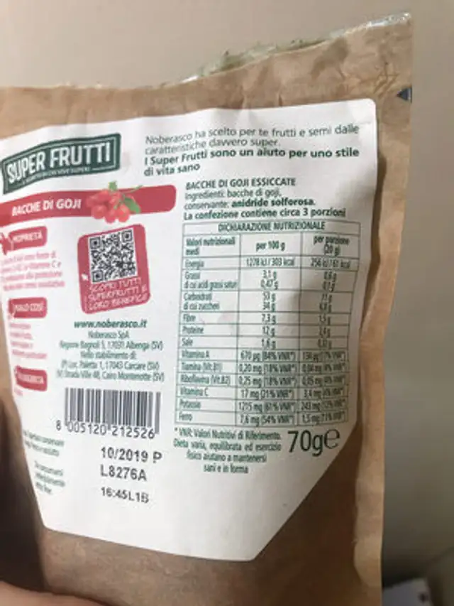 Super Frutti Bacche di Goji ingredients label
