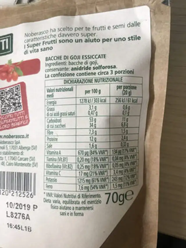 Super Frutti Bacche di Goji nutrition facts table