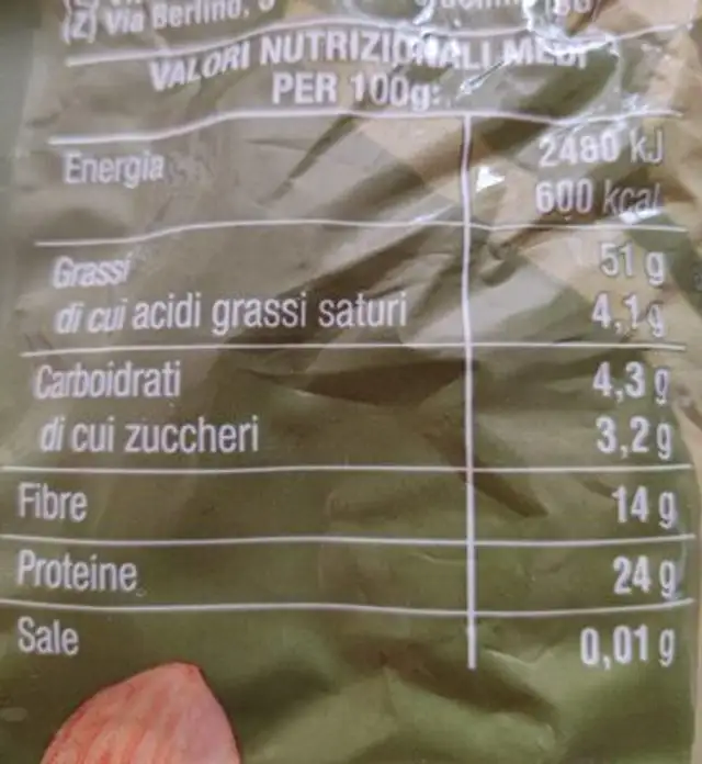 Mandorle nutrition facts table
