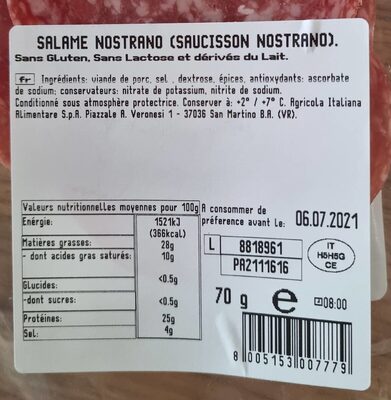 Salame nostrano nutrition facts table
