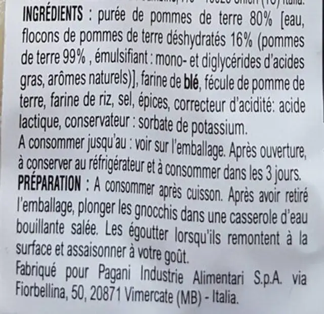 Potato Gnocchi ingredients label