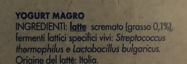 Yomo magro bianco naturale ingredients label