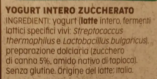 Natura, yogurt intero bianco con zucchero di canna ingredients label