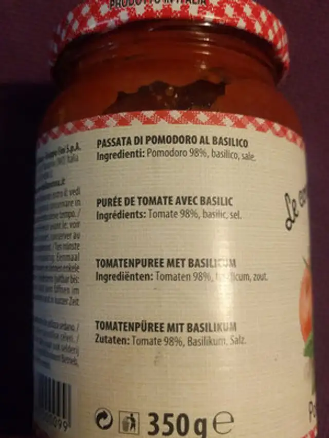 Pomodoro al basilico ingredients label