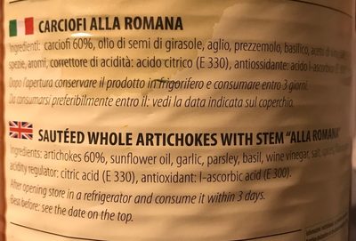 Carciofi alla romana ingredients label