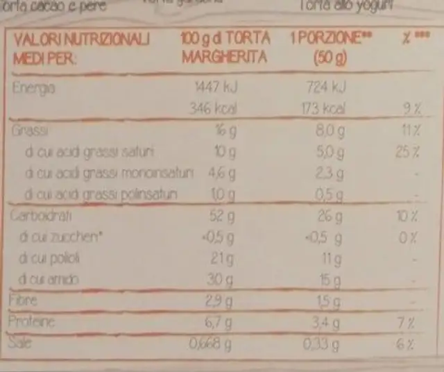 Miscela per torte e biscotti senza zuccheri aggiunti nutrition facts table
