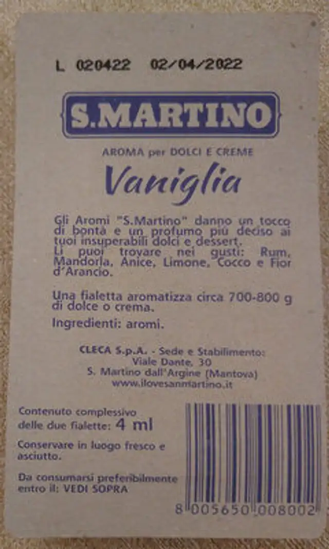 Aroma vaniglia ingredients label