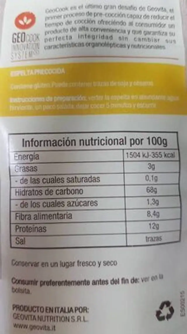 Espelta nutrition facts table
