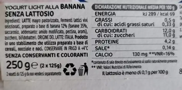 Delì - Yogurt senza lattosio gusto banana nutrition facts table
