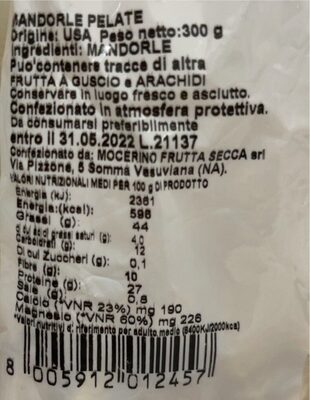 Mandorle nutrition facts table