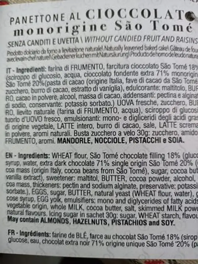 Panettone al cioccolato ingredients label