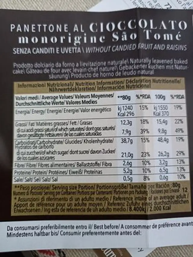 Panettone al cioccolato nutrition facts table