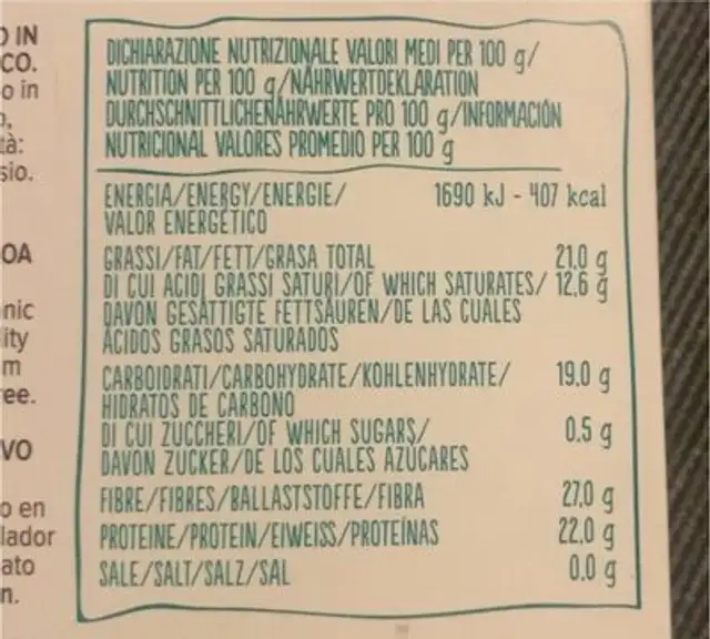 Cacao amaro nutrition facts table